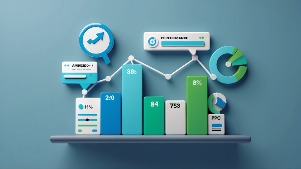 Gráfico 3D colorido mostrando dados de desempenho em marketing digital, incluindo métricas como porcentagens, número de anúncios e PPC, com elementos visuais de análise e crescimento.