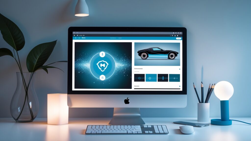 Imagem de um escritório moderno com um computador Apple exibindo uma interface digital de design automobilístico. A mesa tem uma planta, uma luminária de design contemporâneo e um organizador com lápis. A atmosfera é iluminada com tons de azul, criando um ambiente inspirador e tecnológico.