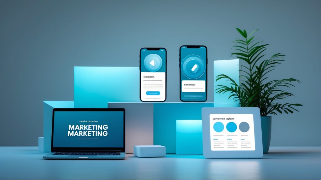 Imagem de um ambiente de marketing digital, com um laptop exibindo "MARKETING" na tela, dois smartphones mostrando interfaces de aplicativos e uma planta decorativa. O fundo é em tons de azul, criando um ambiente moderno e tecnológico.