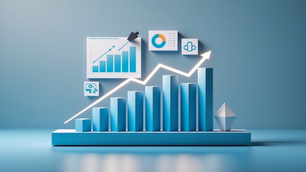Gráfico em 3D com barras em azul, mostrando crescimento, setas apontando para cima e ícones de análise de dados, representando uma tendência positiva no desempenho financeiro ou de mercado.