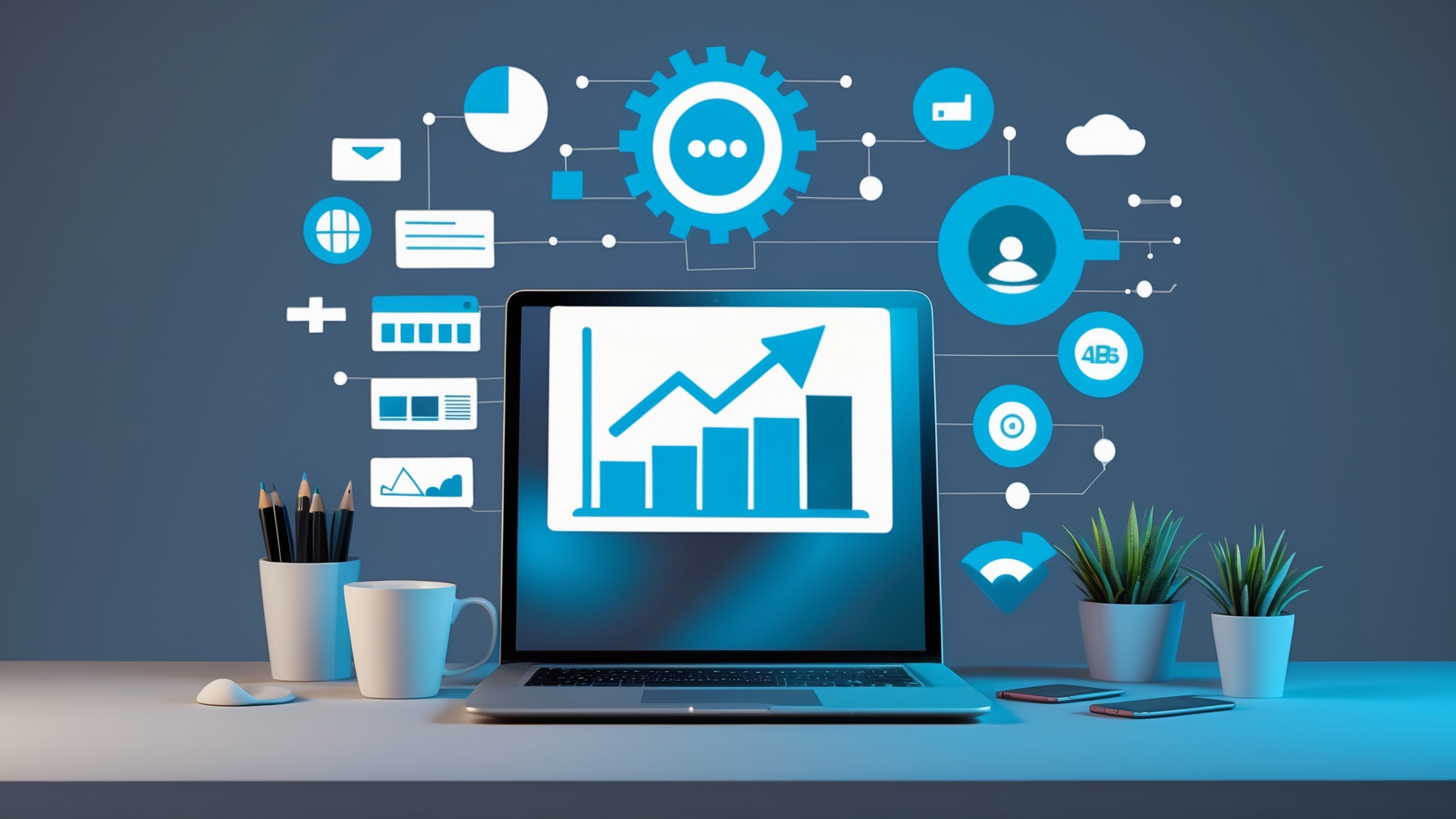 Imagem de um laptop exibindo um gráfico de crescimento, rodeado por ícones que representam dados e tecnologia, com canetas e uma caneca em uma mesa, simbolizando um ambiente de trabalho digital e análise de dados.