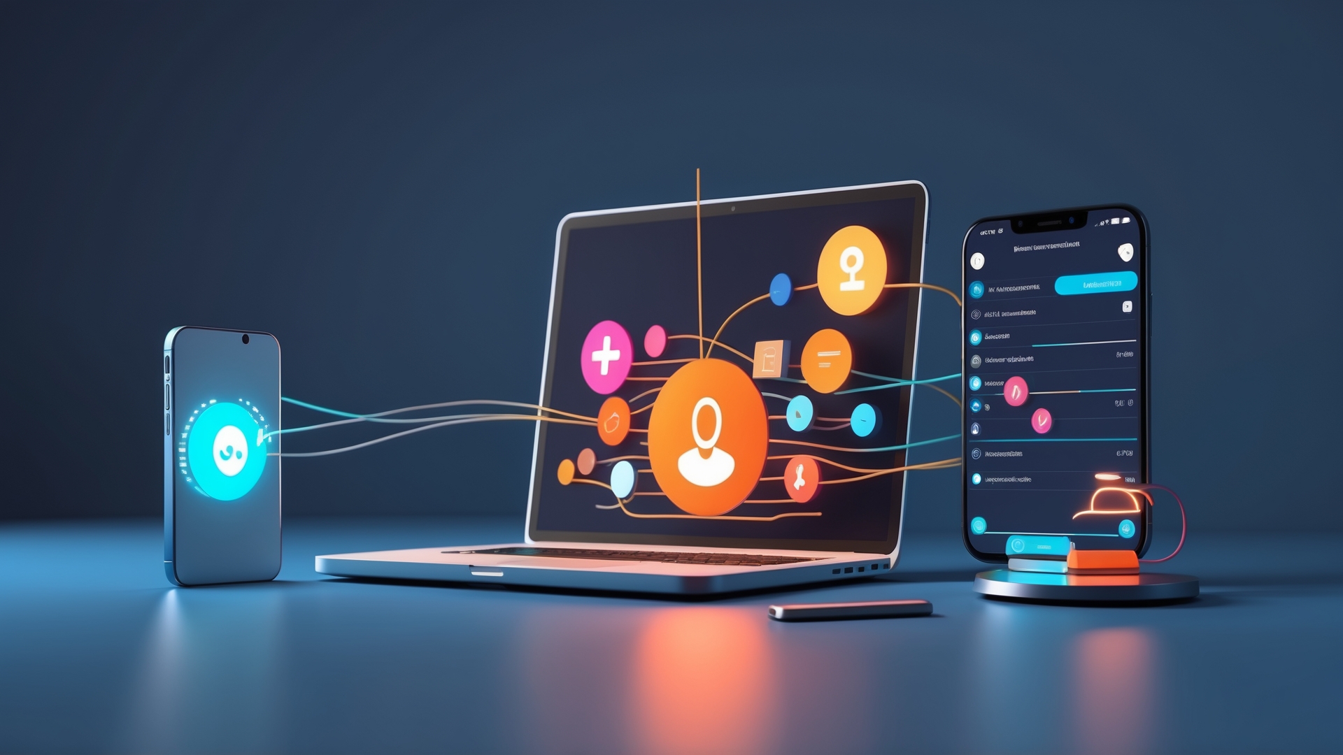 Imagem de um laptop e um smartphone com ícones de conectividade digital, representando redes sociais e interação de usuários, em um fundo azul.