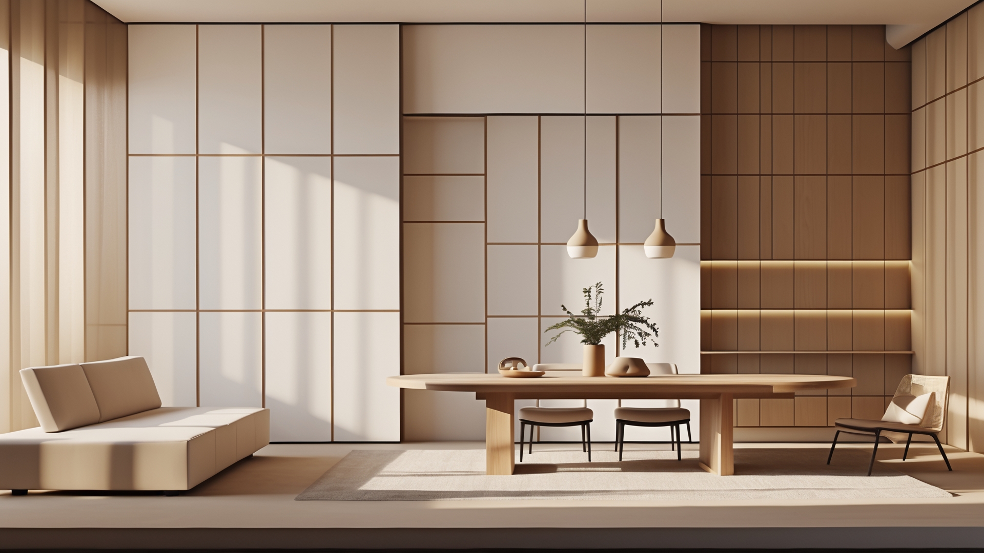 Sala de estar moderna com móveis minimalistas, incluindo uma mesa de jantar em madeira clara, cadeiras elegantes e um sofá neutro. A iluminação suave destaca as paredes em tons de madeira e brancos, criando um ambiente acolhedor e sofisticado. Elementos decorativos como vasos e uma planta complementam o espaço.