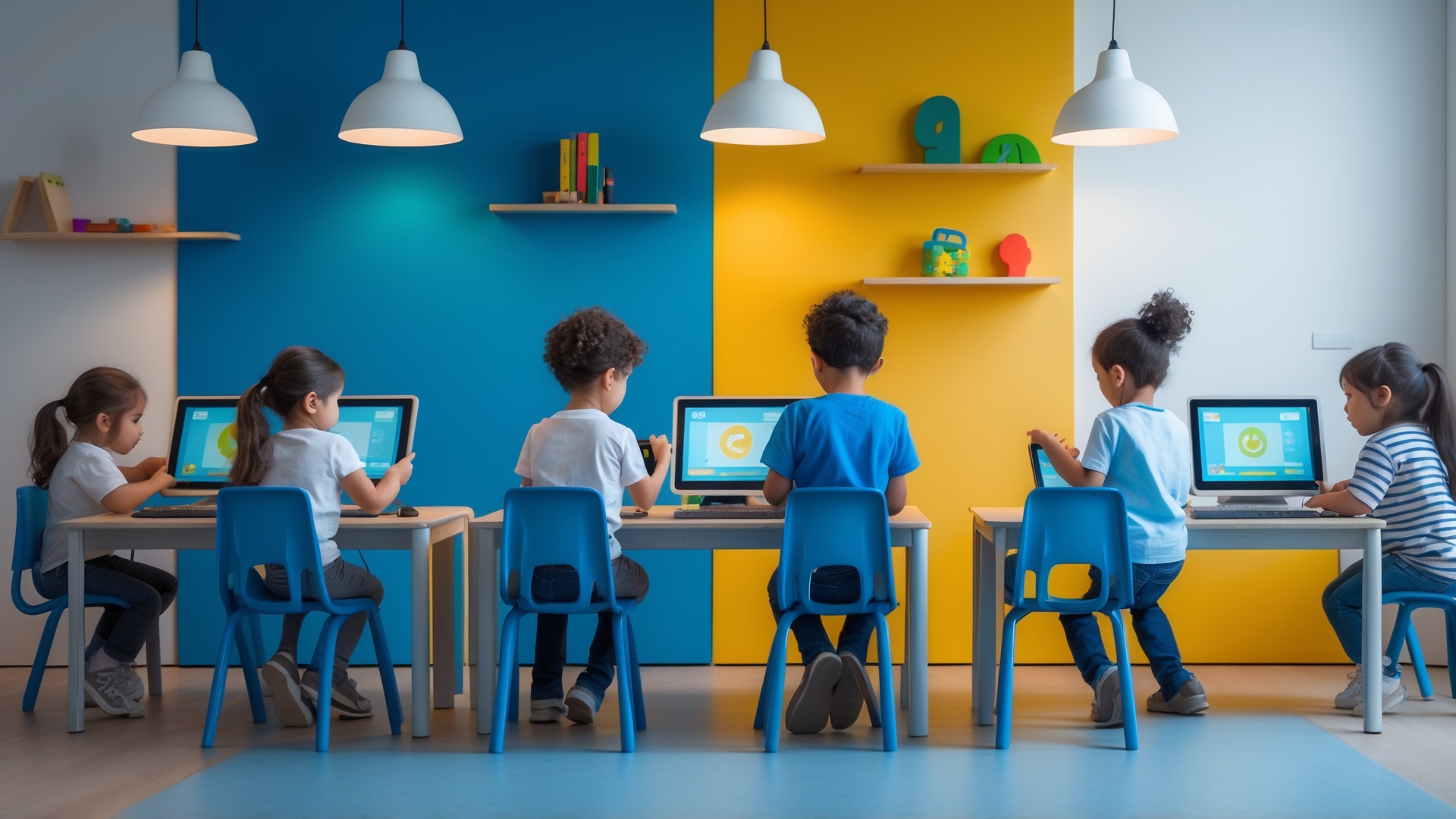 Crianças sentadas em mesas em uma sala de aula moderna, usando computadores para aprendizado, com paredes em azul e amarelo e decoração educacional visível.