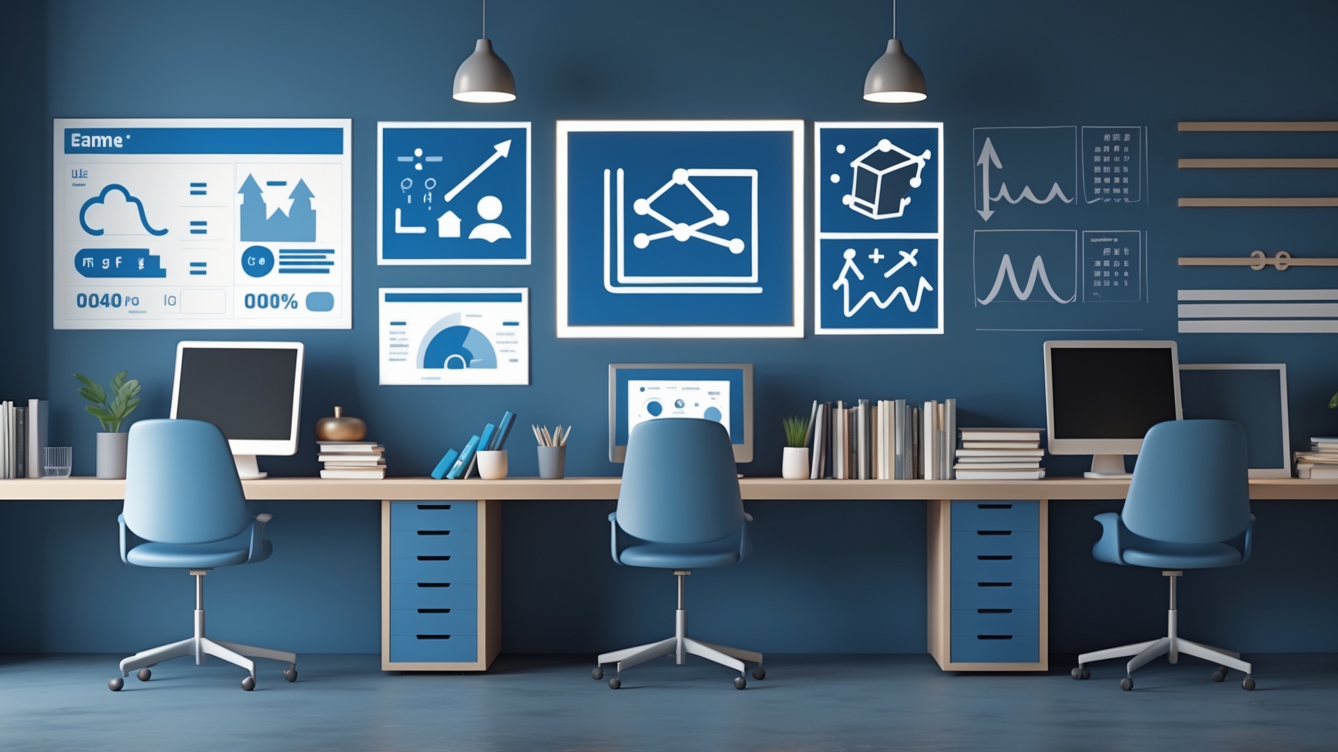 Ambiente de escritório moderno com paredes azuis, mesas e cadeiras azuis, duas telas de computador exibindo gráficos e dados. A decoração inclui quadros com ícones de análise, planejamentos e estatísticas, além de estantes com livros e materiais de escritório organizados.