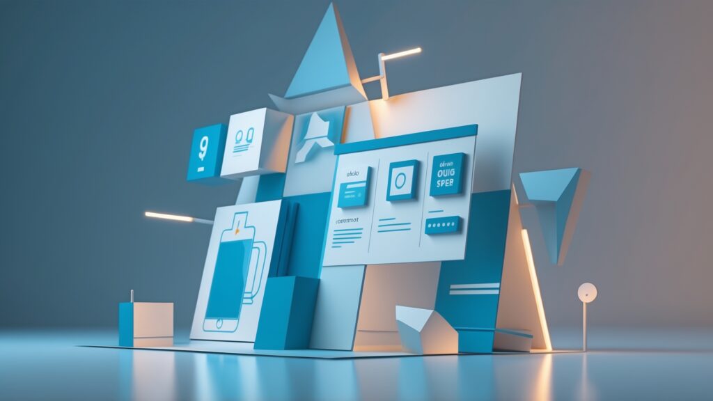 Imagem tridimensional com formas geométricas em tons de azul, representando um layout criativo de interface digital com ícones, textos e elementos decorativos. Fundo neutro destaca os detalhes do design moderno e minimalista.
