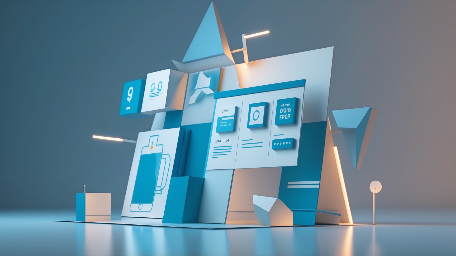 Imagem tridimensional com formas geométricas em tons de azul, representando um layout criativo de interface digital com ícones, textos e elementos decorativos. Fundo neutro destaca os detalhes do design moderno e minimalista.