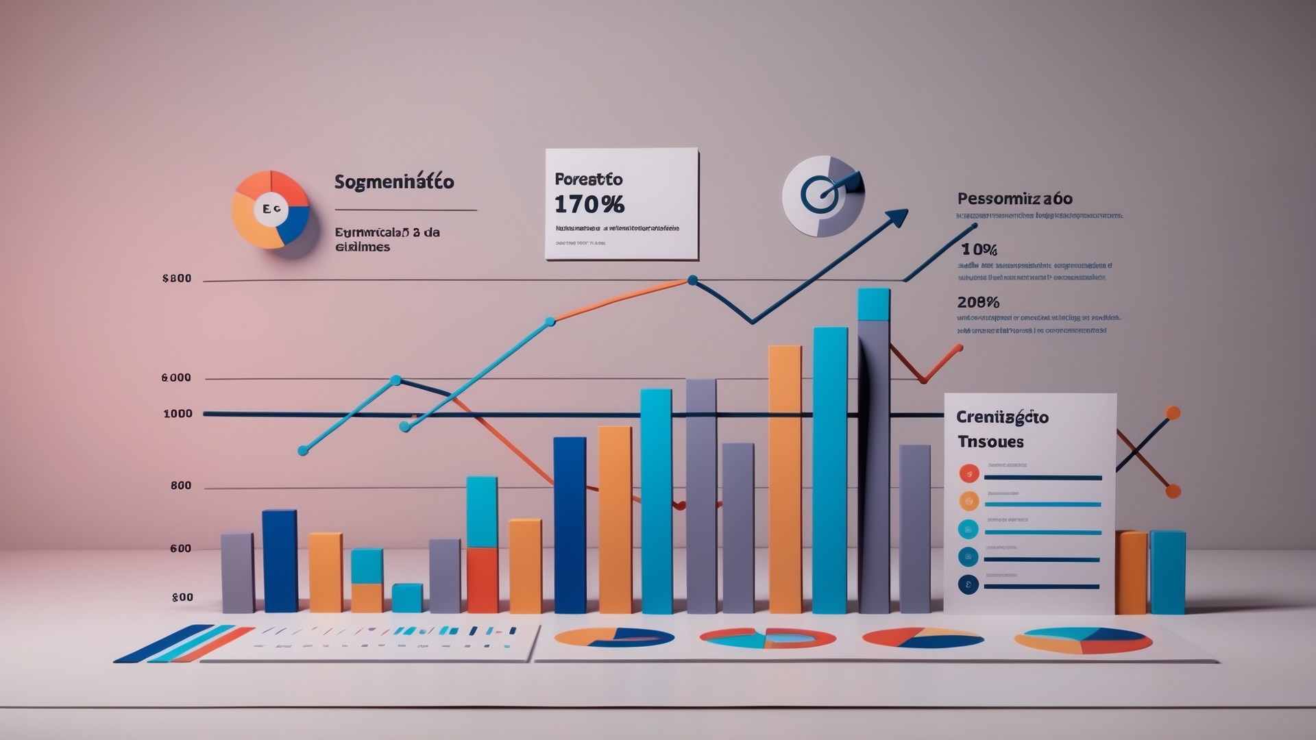 Gráfico informativo mostrando dados de segmentação, previsões e personalização, destacando um crescimento de 170% e uma redução de 10% em determinadas métricas, com ênfase em análise de tendências e resultados de produtos.