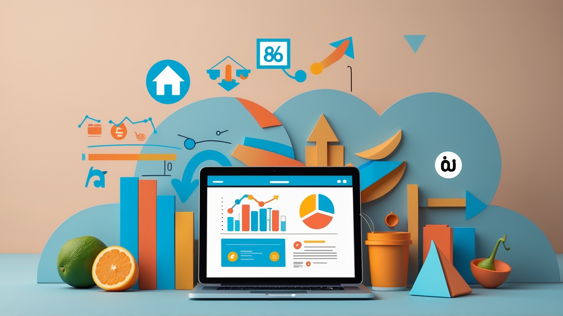 Imagem de um laptop exibindo gráficos e relatórios coloridos, com elementos de design em 3D como frutas e ícones, representando análise de dados e crescimento empresarial.