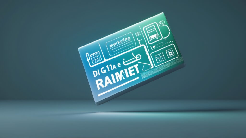 Cartão digital com design estilizado, apresentando as marcas "merksing", "DIG11a" e "RAIMIET", cercado por ícones representando tecnologia e negócios, em fundo gradiente.