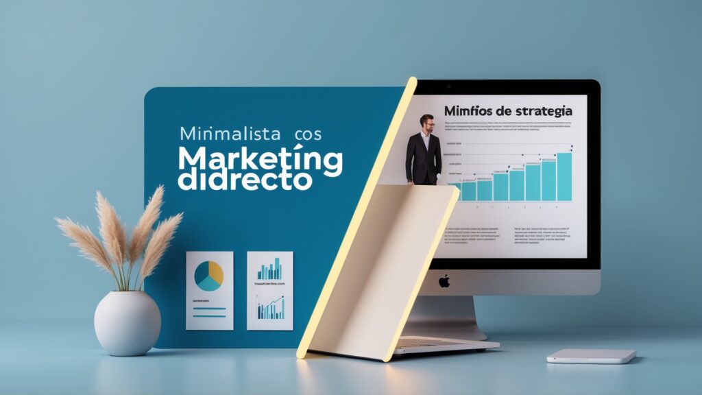 Imagem minimalista destacando conceitos de marketing direto, com gráfico de estratégias em um monitor e documentos com dados visuais sobre métricas de desempenho em uma mesa azul.