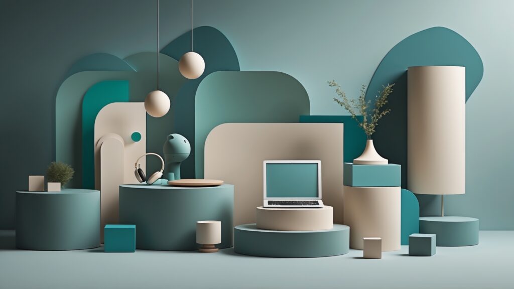 Ambiente moderno e minimalista com laptop, objetos decorativos em tons de azul e creme, e planta, criando uma atmosfera inspiradora e estilosa para trabalho ou estudo.