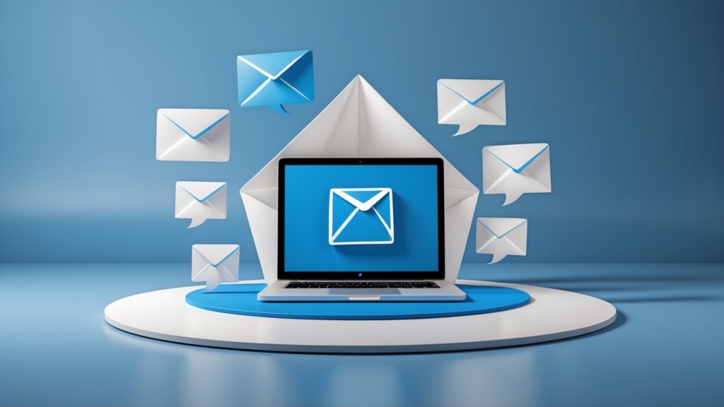 Ilustração de um laptop exibindo um ícone de e-mail, rodeado por envelopes e balões de conversa em um fundo azul. Ideal para representar comunicação digital e marketing via e-mail.
