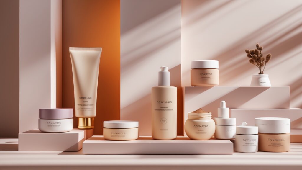 Produtos de cuidados com a pele organizados em prateleiras minimalistas, incluindo cremes, séruns e tratamentos, com uma paleta de cores neutras e iluminados por luz suave, ideal para promoção de beleza e skincare.