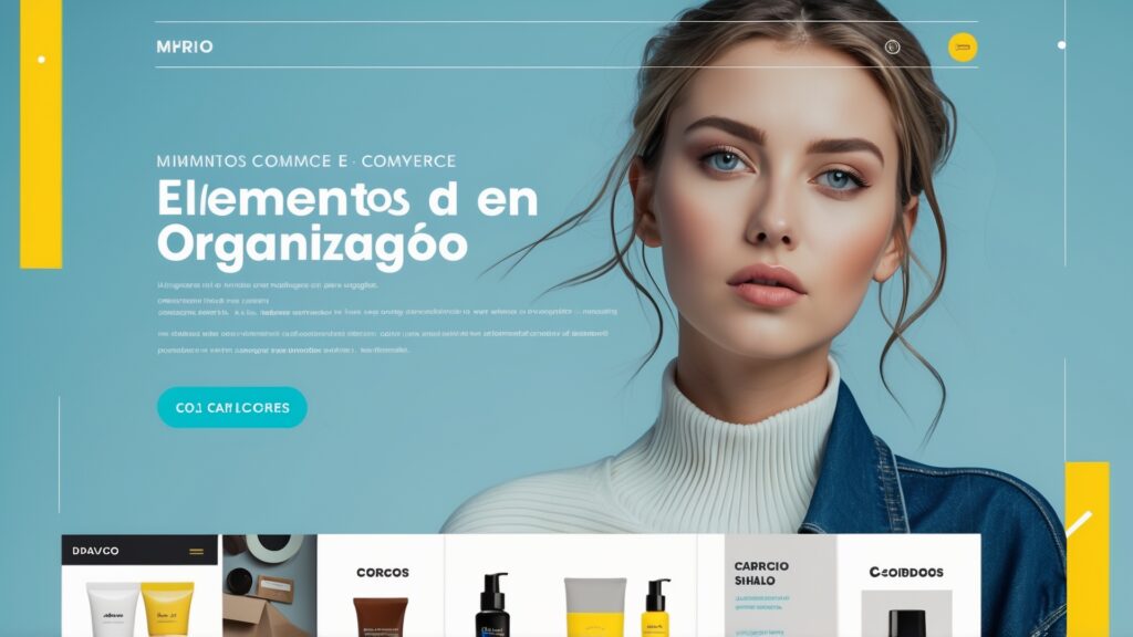 Modelo feminina em primeiro plano com fundo azul, destacando a temática de organização e comércio em um design moderno e vibrante. A imagem é parte de um site que apresenta produtos de beleza e cuidados pessoais.
