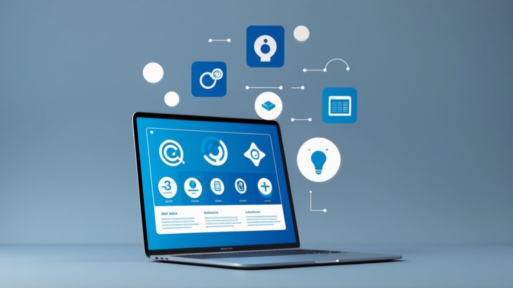 Laptop com interface digital sobre fundo azul, exibindo ícones representando funcionalidades como segurança, informações e recursos. Ideal para temas de tecnologia e design de interface.