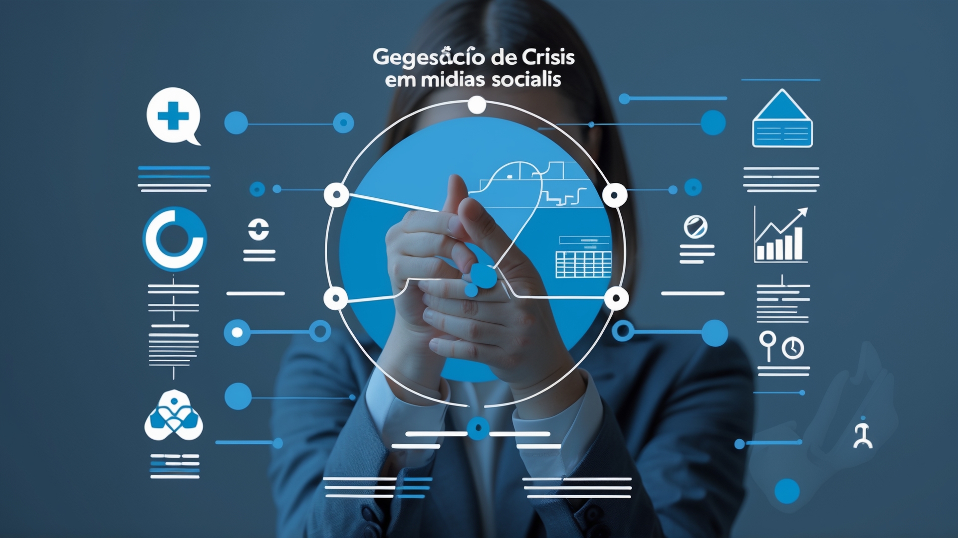 Imagem ilustrativa sobre gestão de crises em mídias sociais, com gráficos e ícones representando análise de dados e comunicação. A figura central mostra uma pessoa unindo as mãos, simbolizando colaboração e estratégias de gerenciamento.