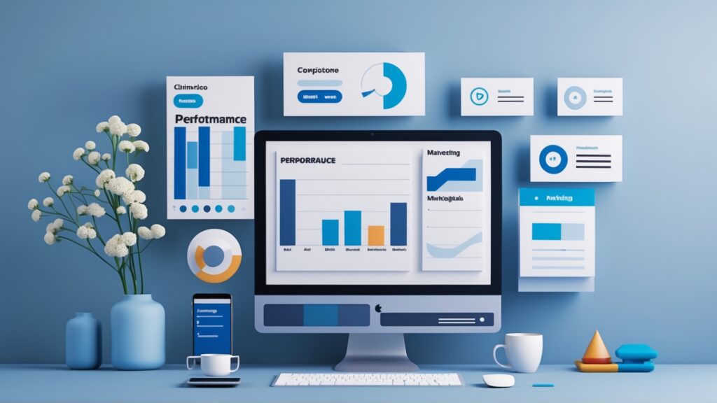 Imagem de um ambiente de trabalho moderno com um computador exibindo gráficos de desempenho e marketing. Elementos gráficos ilustrativos estão dispostos na parede, incluindo gráficos de barras e indicadores. A cena é complementada por flores brancas em um vaso e acessórios de escritório como uma caneca e um smartphone.