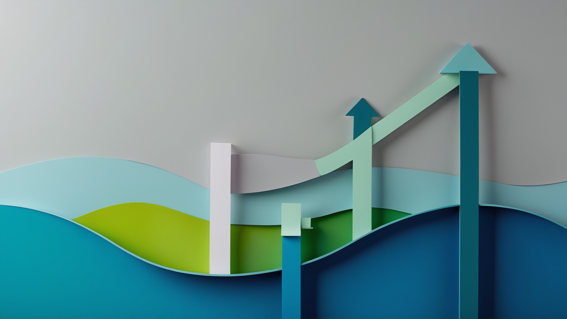 Composição artística abstrata em papel, representando gráficos em crescimento com formas onduladas e setas, em tons de azul e verde, simbolizando progresso e desenvolvimento.