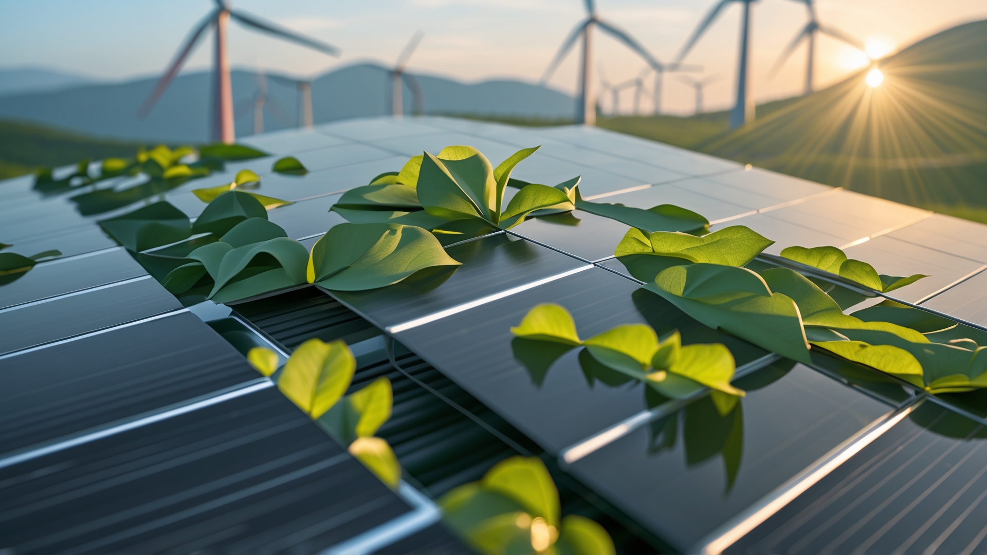 Painéis solares cobertos por folhas verdes, simbolizando a integração da energia renovável com a natureza, com turbinas eólicas ao fundo durante o nascer do sol.