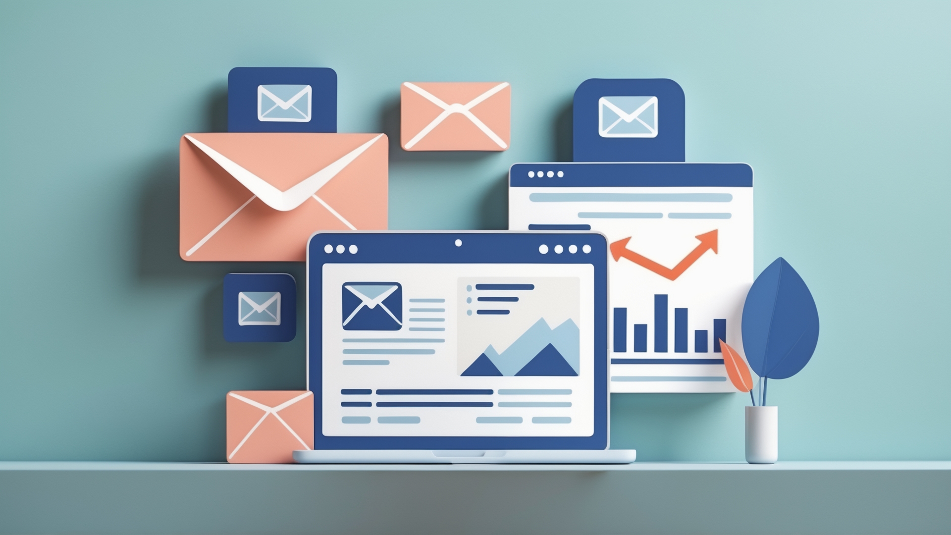 Ilustração de um laptop exibindo análise de dados e e-mails, com ícones de envelopes em um fundo azul e decorado com uma planta em vaso. Ideal para temas de marketing digital e comunicação.