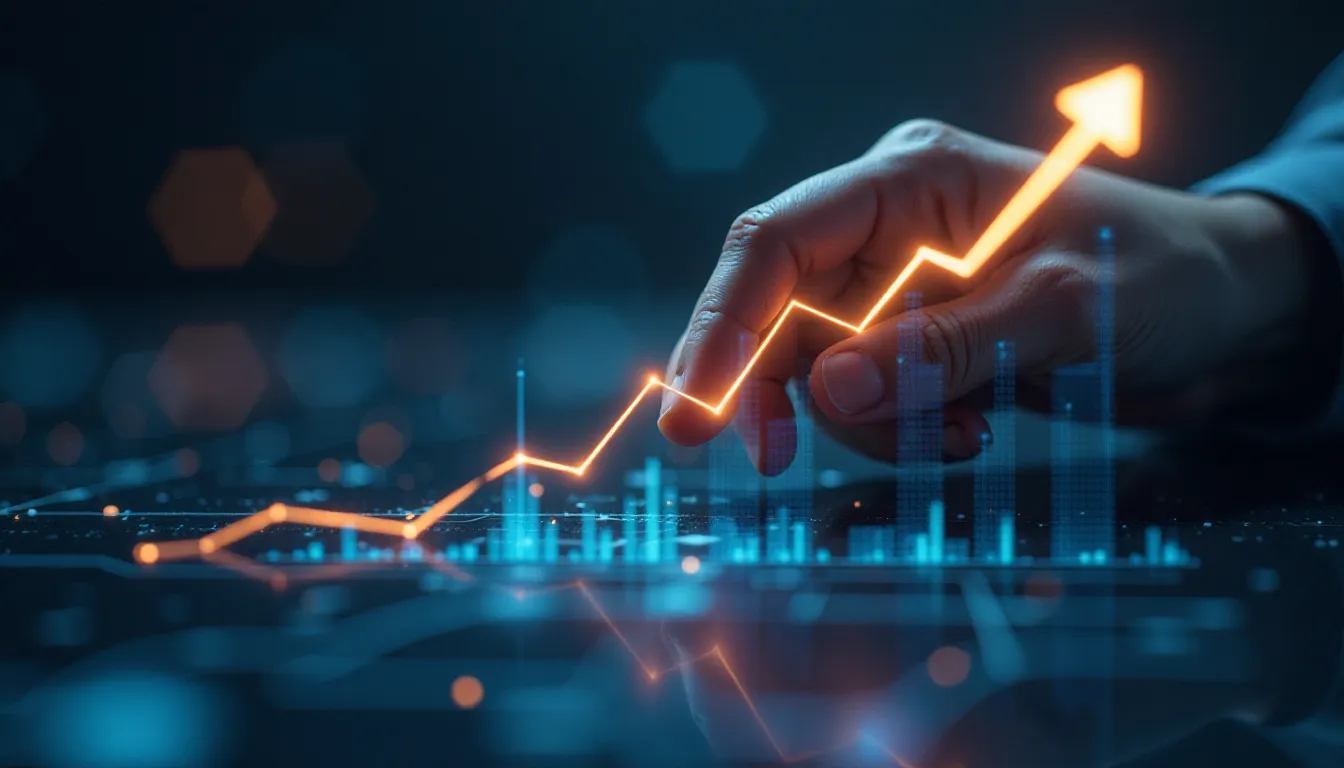 Mão interagindo com um gráfico digital em ascensão, representando crescimento e análise de dados financeiros em um ambiente tecnológico.