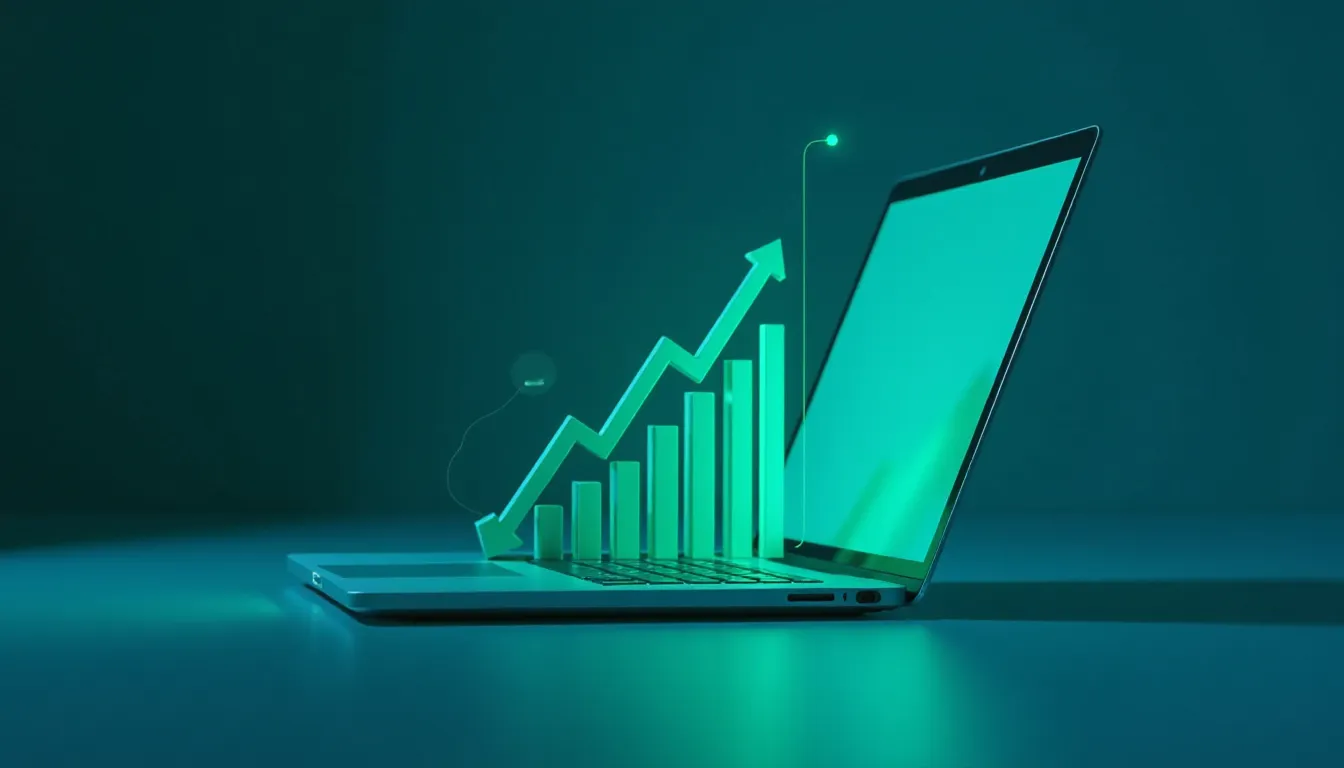 Imagem de um laptop moderno com tela vazia, apresentando um gráfico de crescimento verde estilizado que se eleva em barras sobre o teclado, simbolizando sucesso e análise de dados.