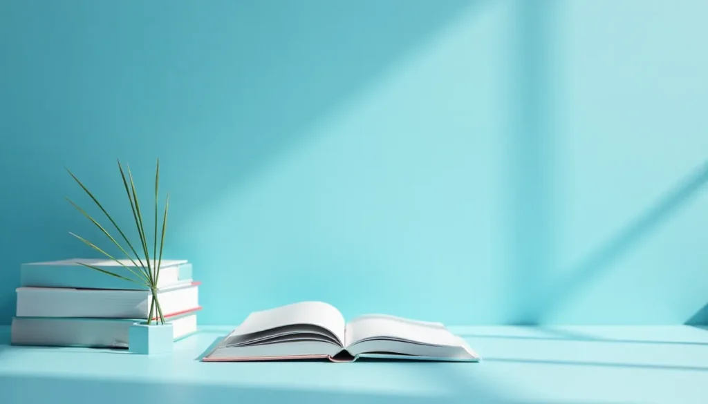 Mesa azul com um livro aberto, alguns livros empilhados e uma planta decorativa em um vaso pequeno, iluminada pela luz natural.