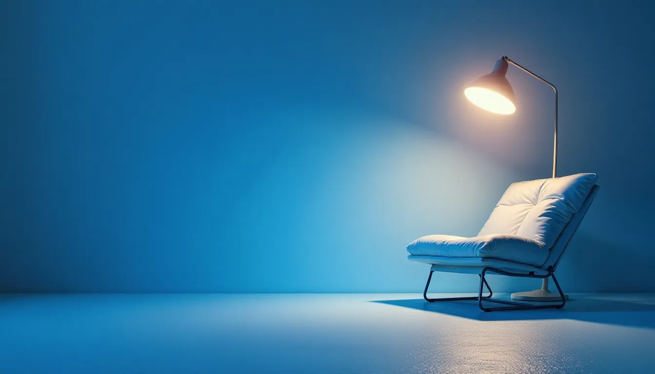 Cadeira moderna de cor branca iluminada por uma lâmpada em um ambiente minimalista com parede azul. Ideal para decoração de interiores e espaços de descanso.
