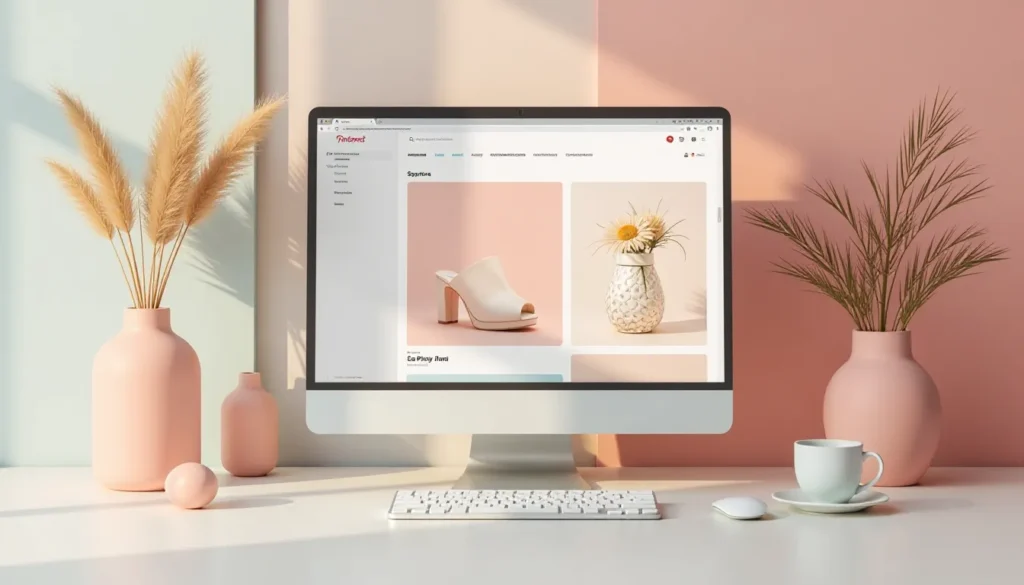 Computador com tela exibindo uma loja online, destacando um sapato branco e um vaso com flores, rodeado por decorações em tons suaves de rosa e creme, com plantas e xícara de café ao lado.