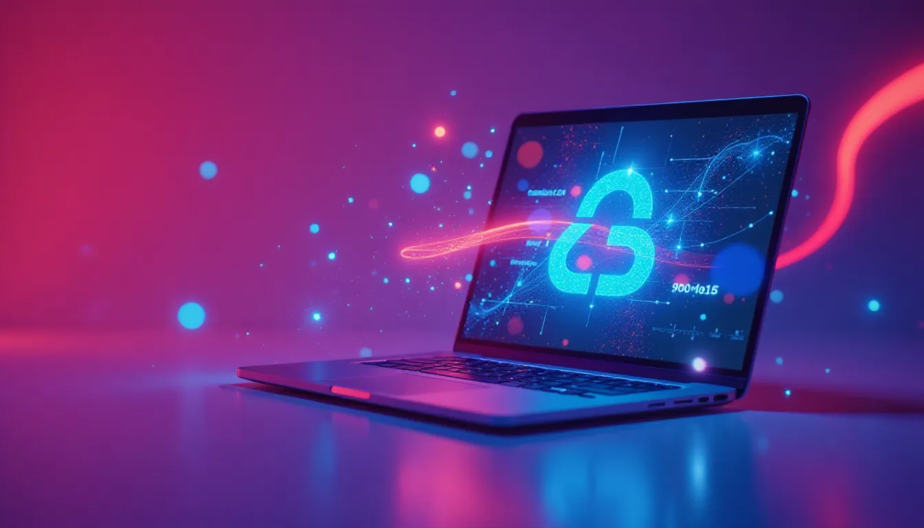 Laptop exibindo um gráfico digital em um fundo vibrante, representando conceitos de computação em nuvem, dados e tecnologia futurista.
