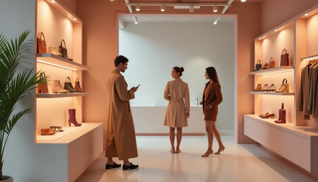 Três pessoas em uma loja de sapatos, com prateleiras iluminadas exibindo diversos produtos de moda, incluindo bolsas e calçados. O ambiente é moderno e minimalista, com uma paleta de cores suaves.