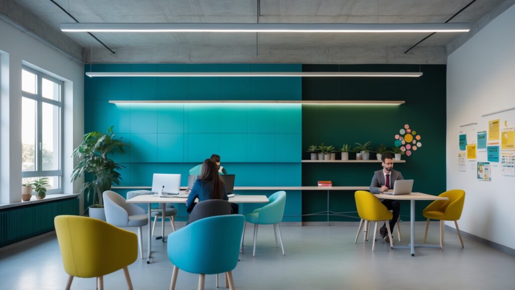 Ambiente de escritório moderno com mesas, cadeiras coloridas e plantas. Profissionais trabalhando em computadores, destacando uma paleta de cores vibrante nas paredes e decoração.