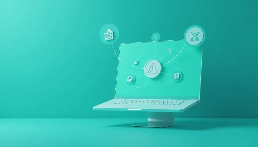 Imagem de um laptop com fundo verde, exibindo ícones simbolizando dados financeiros, análises e ferramentas de gerenciamento, representando o uso de tecnologia para otimização de negócios e produtividade.