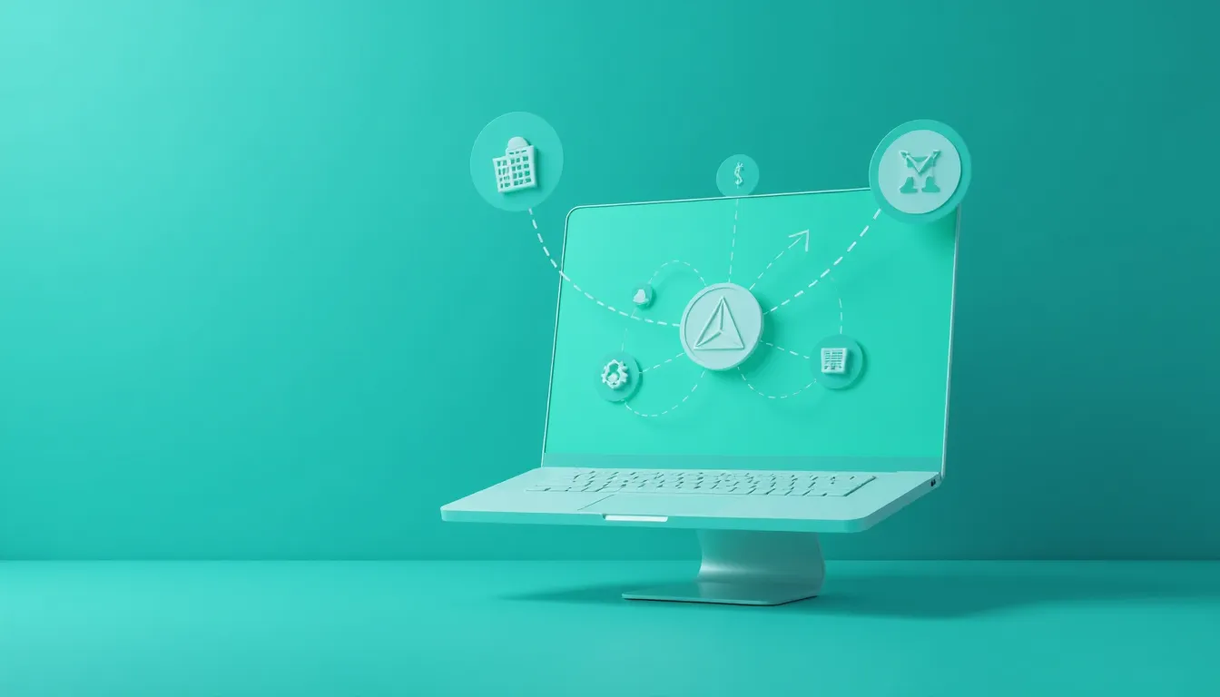 Imagem de um laptop com fundo verde, exibindo ícones simbolizando dados financeiros, análises e ferramentas de gerenciamento, representando o uso de tecnologia para otimização de negócios e produtividade.