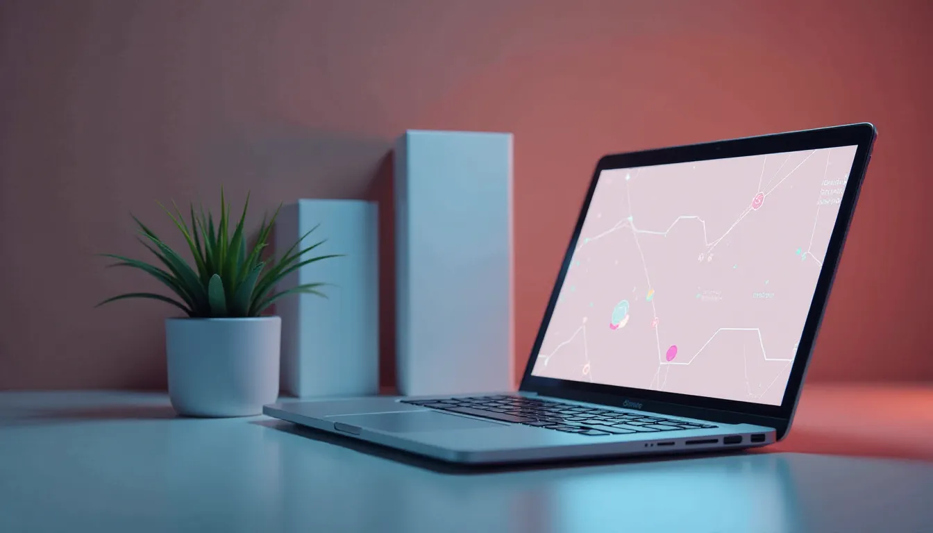 Laptop moderno com tela exibindo gráficos em fundo rosa, ao lado de um vaso com planta verde e objetos brancos, sobre uma mesa clara em um ambiente iluminado suavemente.