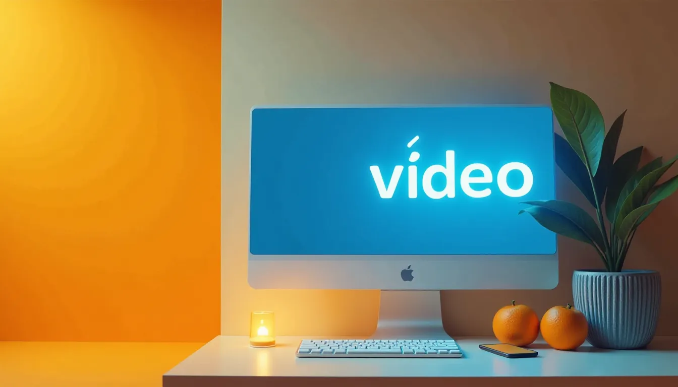 Computador Apple exibindo a palavra "vídeo" em uma tela azul, acompanhado por uma vela acesa, laranjas frescas e uma planta em vaso em uma mesa de trabalho com fundo em tons quentes.