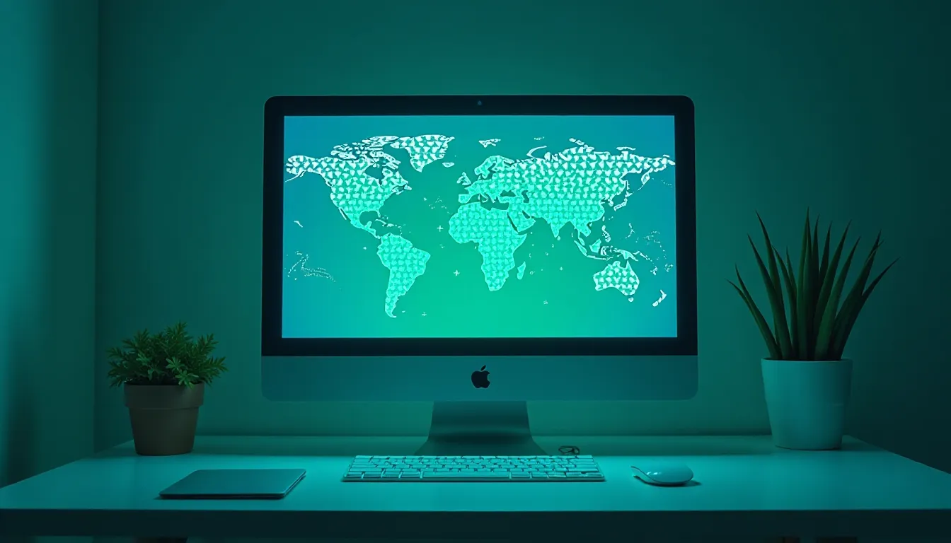 Computador iMac com tela iluminada apresentando um mapa-múndi estilizado em verde, acompanhado por acessórios de escritório e plantas decorativas.
