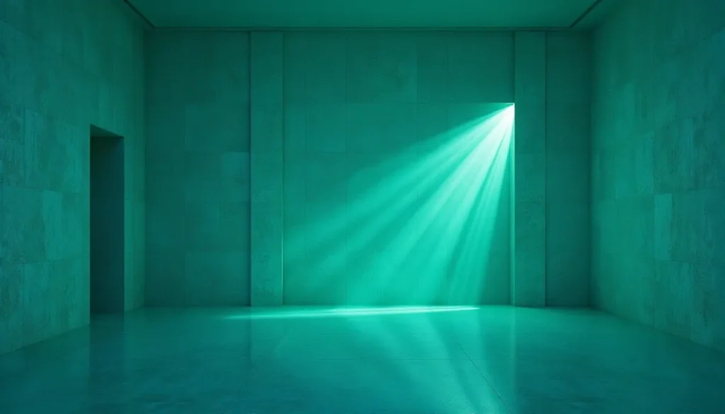Sala minimalista com paredes verdes e luz suave entrando por uma fresta, criando um efeito de luz dramático. Ideal para inspirações de design de interiores e fotografia.