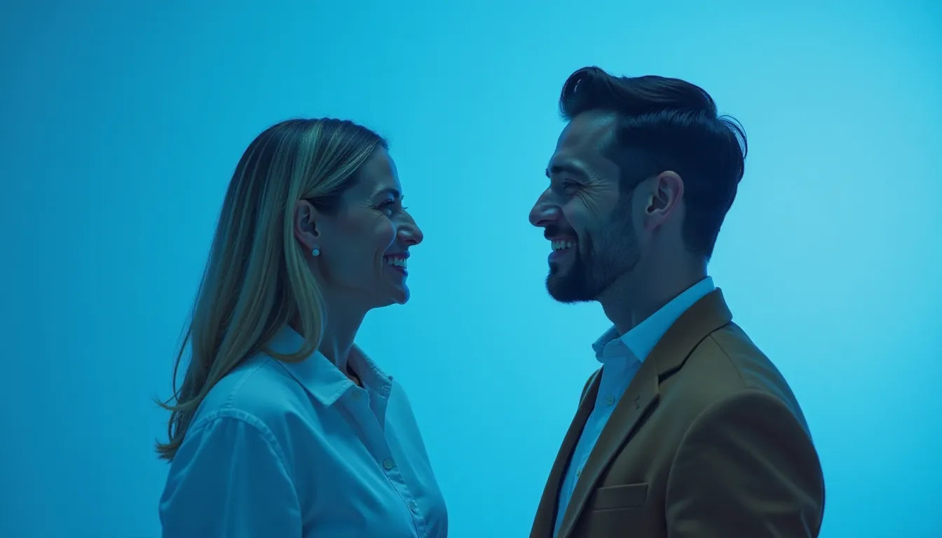 Casal sorridente frente a frente, com iluminação azul suave, destacando suas expressões de felicidade e conexão emocional.