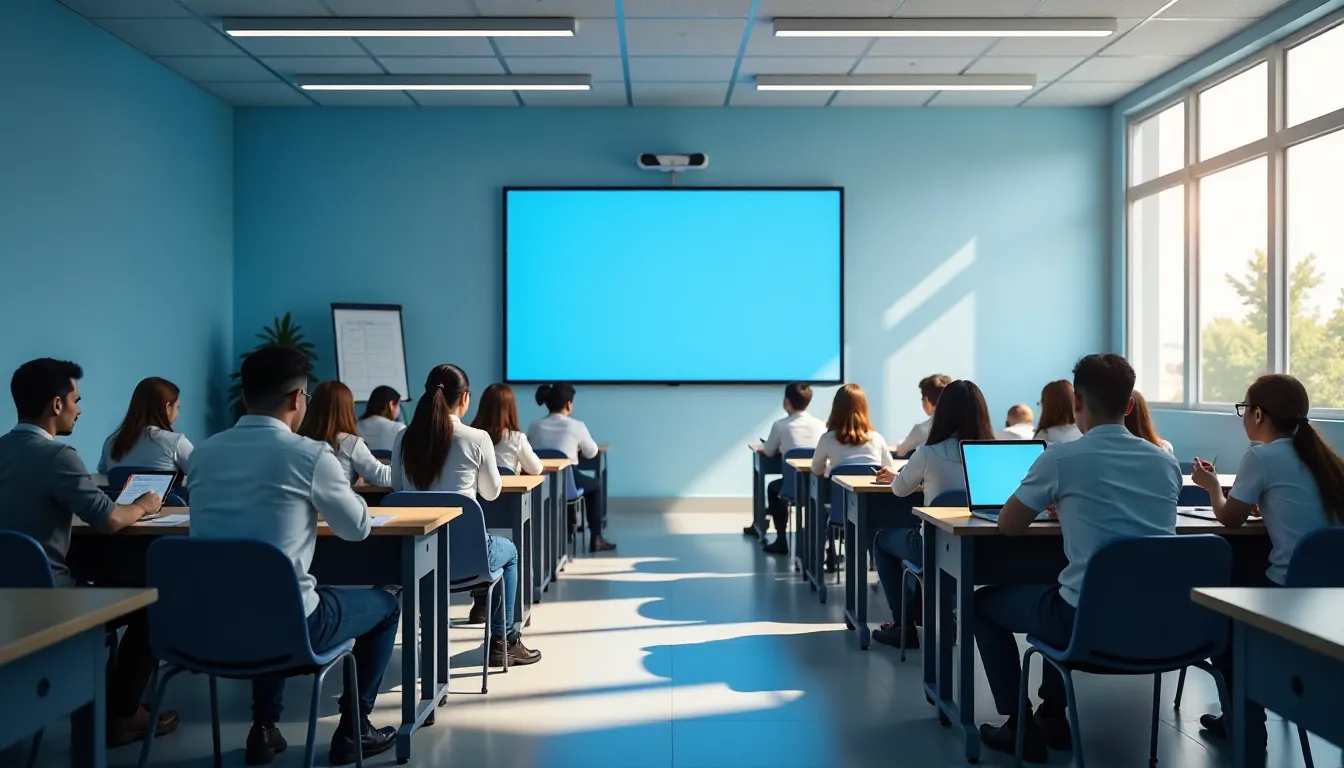 Sala de aula moderna com alunos sentados em mesas, assistindo a uma apresentação em um projetor na parede, ambiente iluminado por luz natural com paredes azuis.