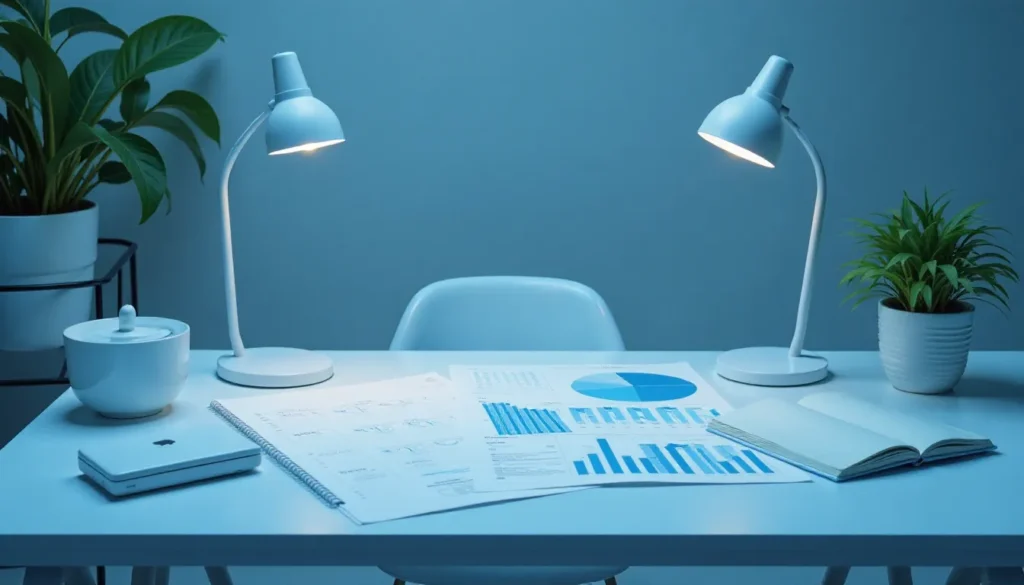 Mesa de escritório minimalista iluminada com duas luminárias, um laptop, um caderno aberto e documentos com gráficos e dados financeiros, acompanhada de uma planta decorativa em um vaso. Ambiente modernamente projetado com iluminação suave e paredes em tons de azul.