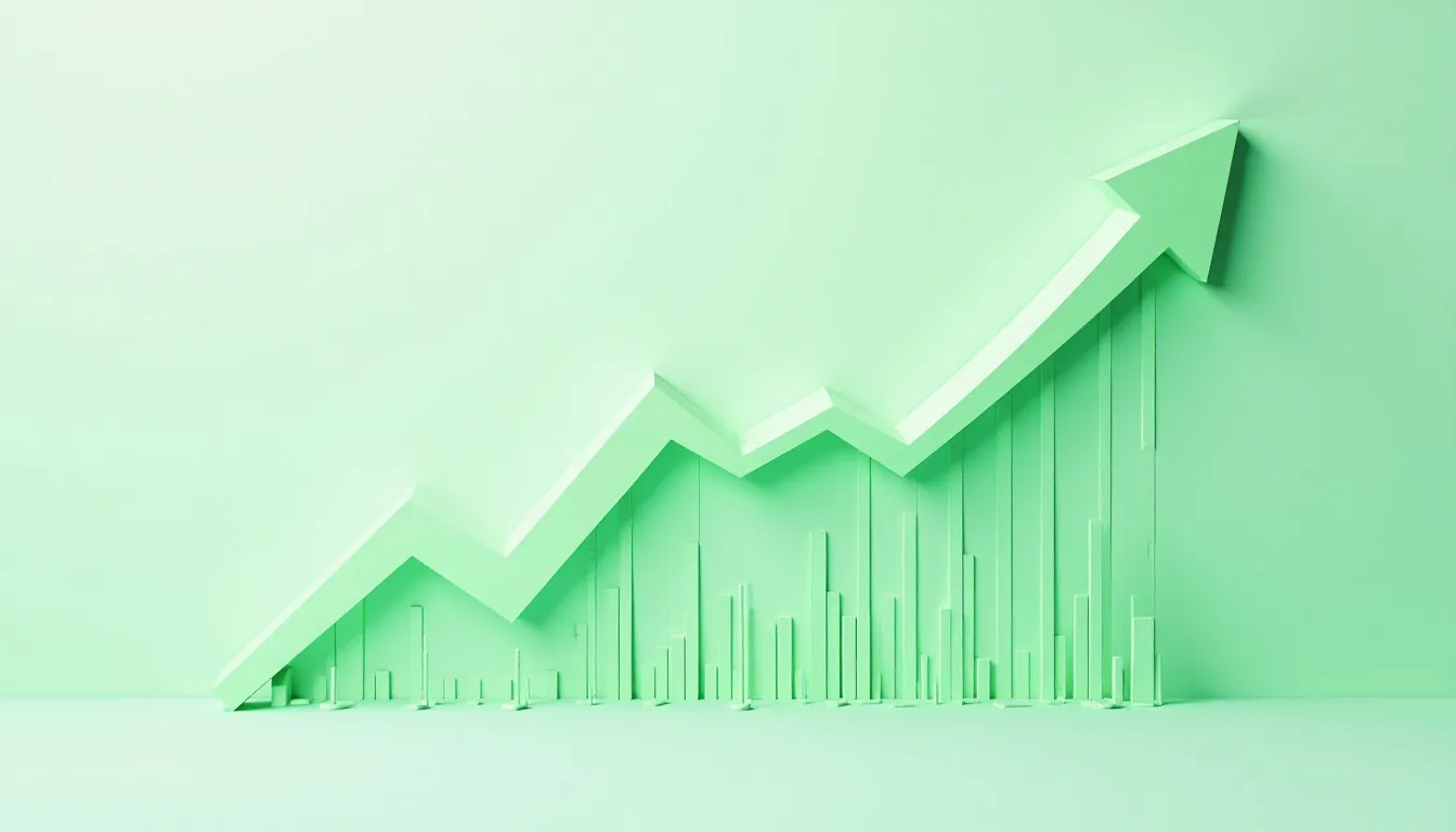 Gráfico em 3D com tendências de crescimento em verde claro, mostrando uma seta ascendente e barras verticais que representam dados financeiros ou de desempenho. Ideal para ilustrações sobre investimentos, finanças e análise de mercado.