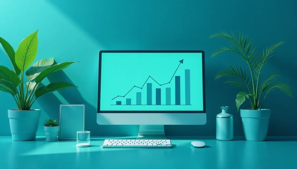Computador moderno em um ambiente de trabalho minimalista com fundo azul, exibindo um gráfico de crescimento. A mesa é decorada com plantas verdes em vasos, um tablet e um copo, criando um espaço de trabalho inspirador e produtivo.
