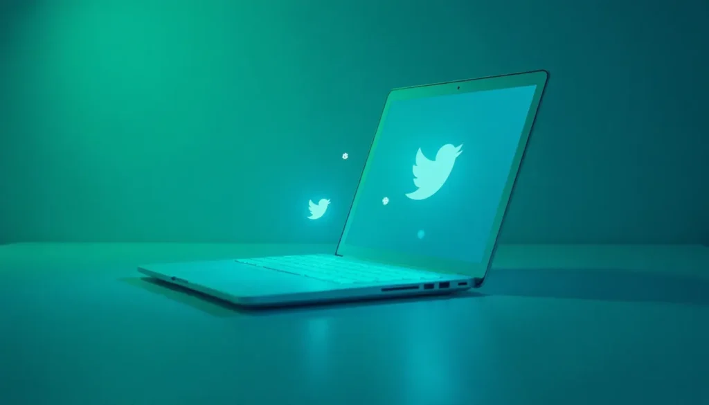 Laptop com tela iluminada em verde, exibindo o logotipo do Twitter. Ideal para temas de tecnologia e redes sociais.