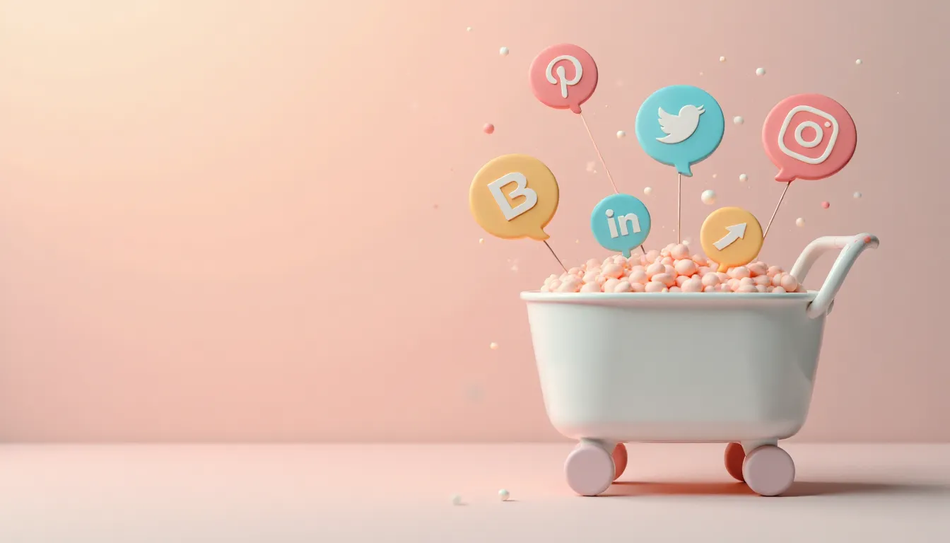 Carrinho de compras com bolinhas coloridas e ícones de redes sociais, como Pinterest, Twitter, Instagram e LinkedIn, representando marketing digital e interatividade online.