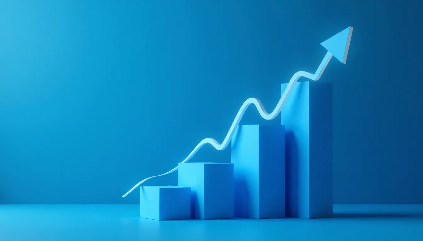 Gráfico de crescimento em 3D com pilares azuis em um fundo azul, representando aumento e progresso financeiro.