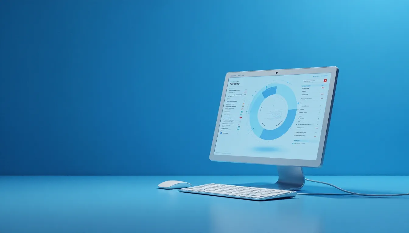 Computador moderno com tela ampla exibindo gráficos e dados em um fundo azul. Teclado e mouse ao lado, ilustrando um ambiente de trabalho digital eficiente.