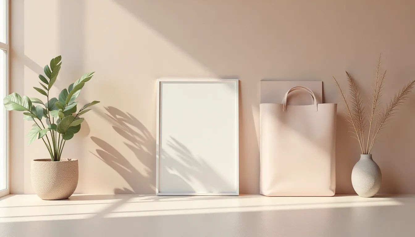 Decoração minimalista com plantas em vasos e uma moldura em um fundo de parede bege, destacando um saco rosa claro e um vaso com grama seca, ideal para inspirações de interiores.