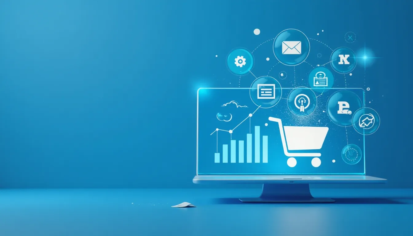 Ilustração de um computador com gráficos de vendas e ícones relacionados ao e-commerce, como carrinho de compras, busca e comunicação, em um fundo azul.